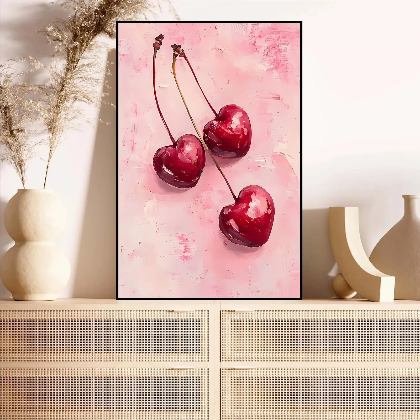 Unframed Sweet Romantic Cherry Heart Canvas Print - Red Fruit Heart Wall Art, Blush Pink Background, Hangable Home Decor, Valentine's Day & Housewarming Present, Enhances Pink Room Ambiance, Adds Charm to Front Porch & Kitchen Accent