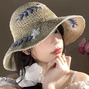 Flower Straw Hat for Women Summer New Hollow Sunshade Sunscreen Woven Bucket Hat French Style Beach Vacation Hat