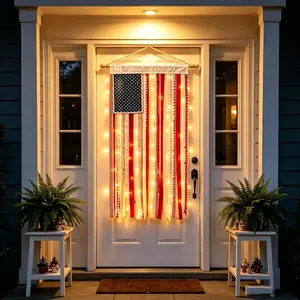 Lighted American Rag Flag Banner With LED Fairy Lights, 4x2.3 Ft Rustic Patriotic Tassel Garland For 4th Of July Decoration, Aesthetic Americana Wall Hanging For Porch Yard Party, Independence Day Celebration Home Decor 250th Anniversary