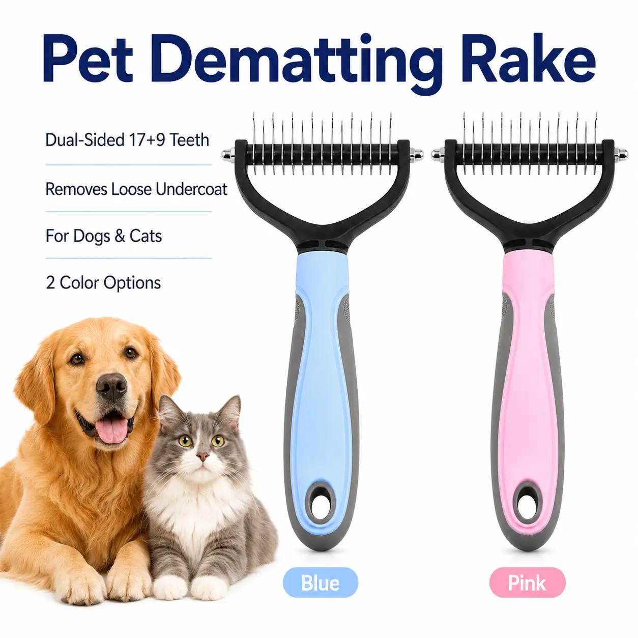 Pet Deshedding Brush for Dogs and Cats, 17 Teeth Dematting Rake Comb for Long and Short Hair, Undercoat Grooming Tool, Blue or Pink