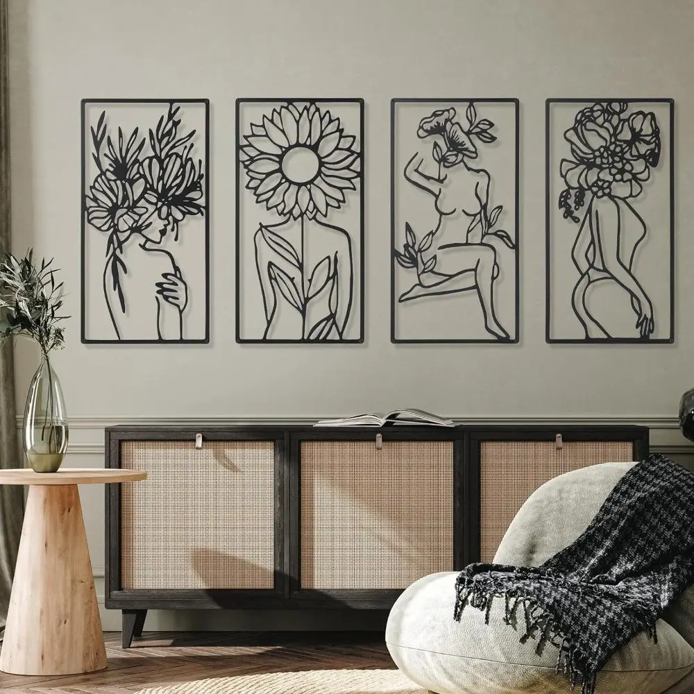 Abstract Design Female Line Art Wall Decor, 4 Counts/set Metal Wall Art, Unique Artwork, Modern Wall Decor for Home Living Room Bedroom Office, Poster