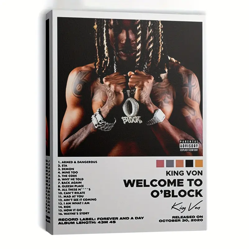 1pc PYJHDS King Von Memorial Framed Canvas Poster - Welcome to OZ Album Art with Chains Hip-Hop Decor Featuring, Hook Hanging Frame - for Living Room, Bedroom - Tribute Gift for Fans, Album Cover Wall Art, Urban Style Artwork, Metallic Tattoo Design