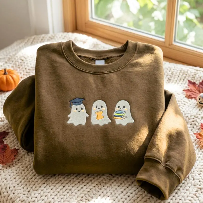 Embroidered Ghost Reading Sweatshirt, Book Lover Fall Shirt
