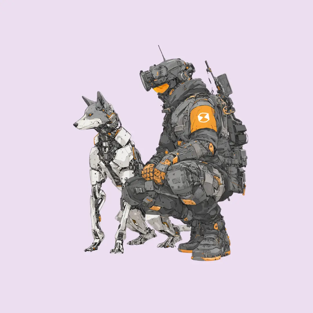 Futuristic Tech Soldier and Robot Dog Sticker, Sci-Fi Companion Character Decal, Waterproof Vinyl Sticker for Laptop, Bottle, Car