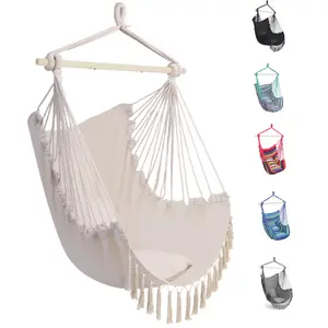 Hammock Chair Hanging Rope Swing, Max 500 Lbs, 2 Cushions Included, Large Macrame Hanging Chair with Pocket for Superior Comfort, with Hardware Kit (Beige) Pillow Tassel Hanging Chair Beige