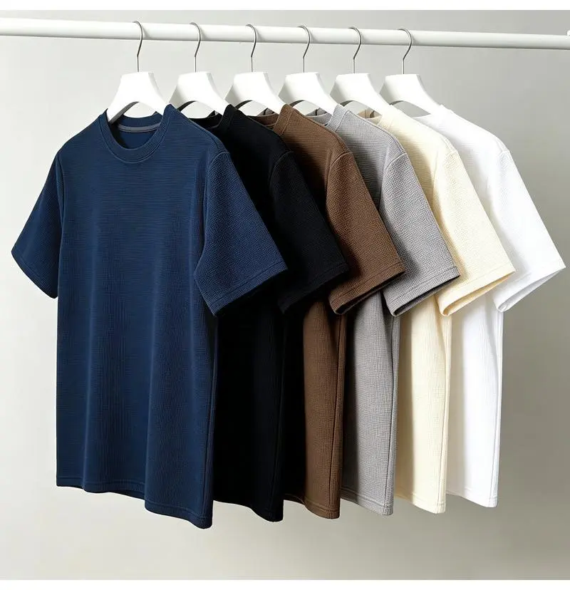 Men T-shirts Waffle Fabric Short Sleeve Breathable Round Neck Tee Fashion Men's Tops Basicl Men Clothing