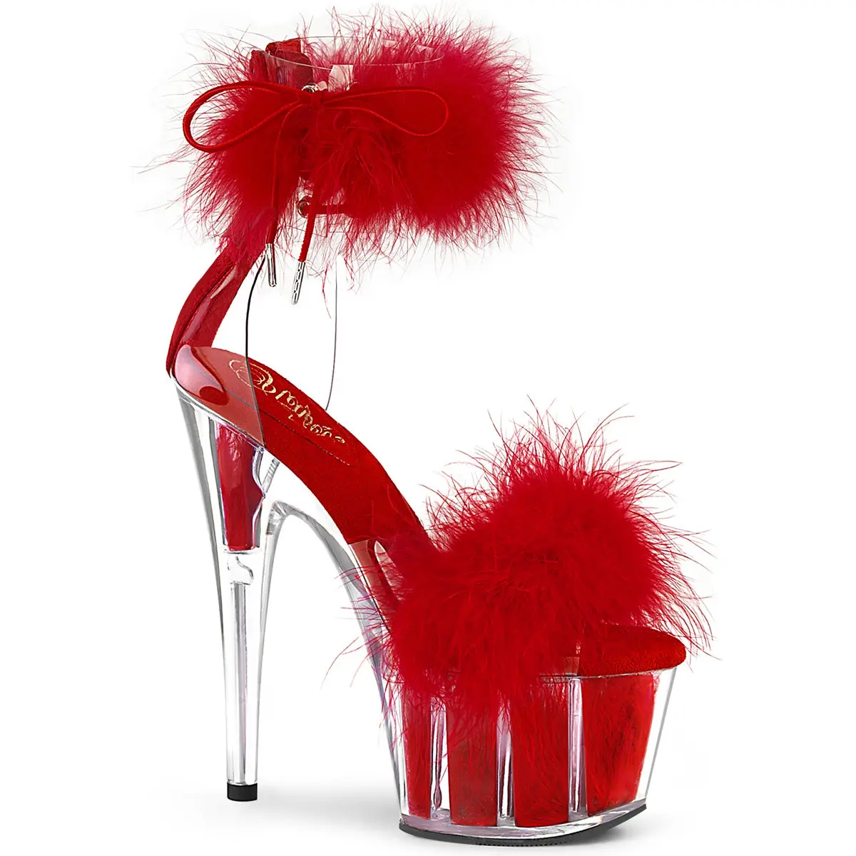 Pleaser Adore-724F Women's Stylish Platform Sandals, 7" High Heel with Marabou Fur, Ankle Cuff and Side Lace-Up