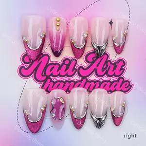 Delicatething Y2K Style Almond Nail Set, Handmade Wearable Nails, Handmade Press On, Glittering Fake Nails, Silver Color Metal, Dye, Gold Beads, Star Pattern Rhinestones, French Design, Perfect Gift for Women