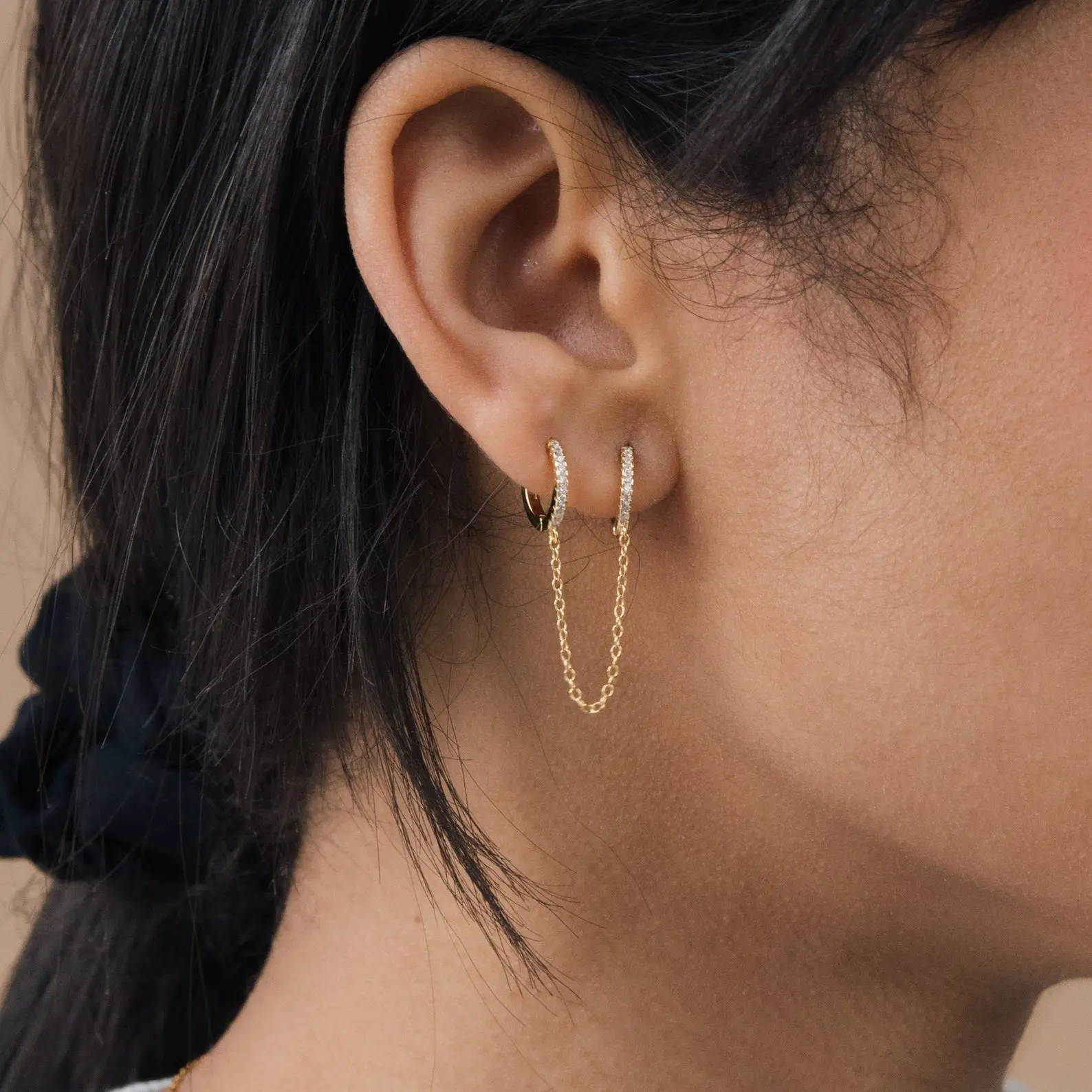 Pave Duo Chain Earring by Caitlyn Minimalist - Diamond Huggie Chain Earring - Double Hoop Dangle Earring - Minimalist Jewelry - Gift for Her