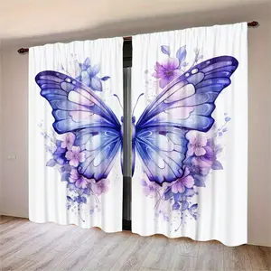 2pcs Purple butterfly and cherry blossom patterns Digital Print Curtains, Window Curtain, Semi-Transparent Polyester, Fade Resistant, Hand Washable, Home Decor