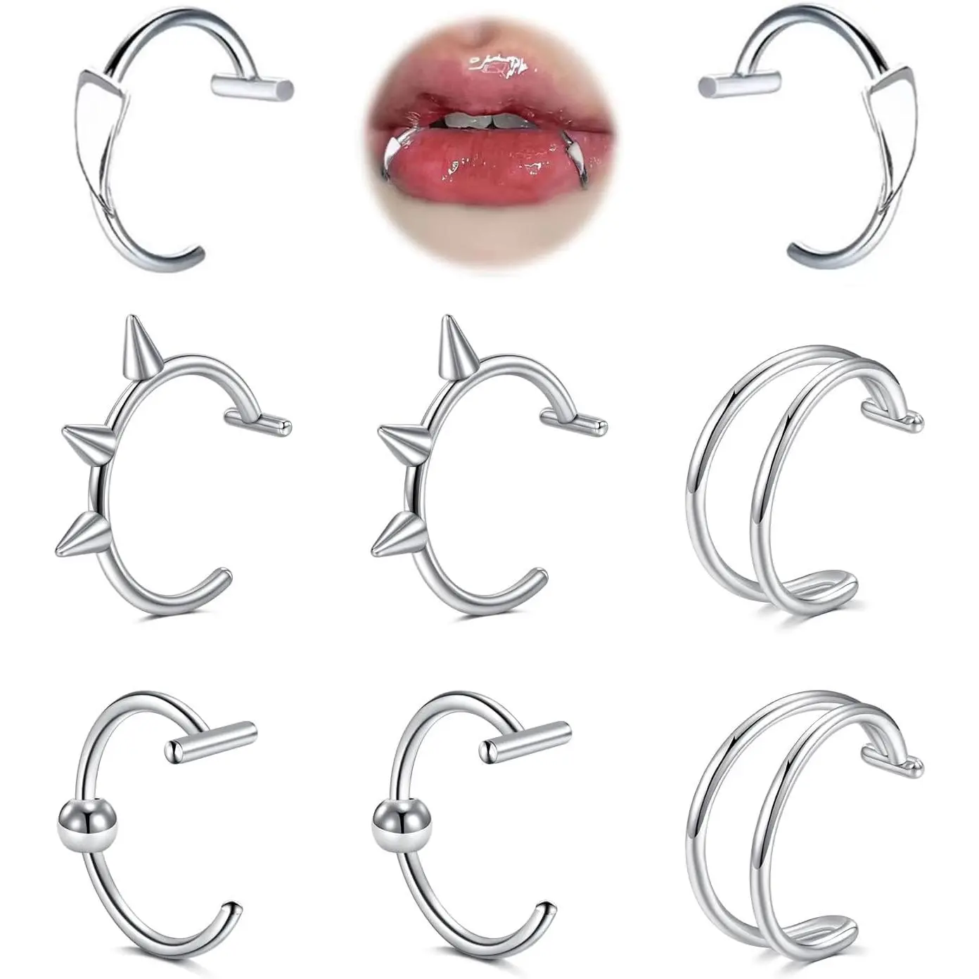 4 Pairs Stainless Steel Fake Lip Rings, Silver Black Clip-On Cuffs & Fangs for Faux Snake Bites, Non-Piercing Halloween Jewelry, 18g (1.0mm), Comfortable For Long Time Wear, Snakebite Piercing, Vampire, 10Mm, Fang Shapes, A1- 4 Pairs - Silver, Unisex, 3/8
