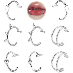 MODRSA Silver Black Fake Lip Piercing Fake Lip Ring Cuffs Clip on Nose Ring Hoop Faux Snake Bites Non Piercings Jewelry Vampire Teeth Silver Fangs for Halloween Jewelry Clip Double Earring Hoop