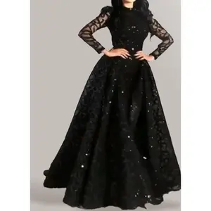Spring women's round neck long sleeved sequined fluffy evening gown