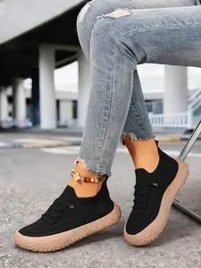 Women's Knit Sock-Style Lace-Up Lightweight Casual Sneakers, Closed-Toe Shoes with Textured Soles for Street Style and Everyday Wear