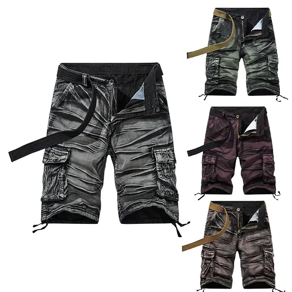Men's Pure Cotton Cargo Shorts - Mid Waist, Button Fasten, Fitted Cut, Multi-Pockets, Vintage Washed Distressed Finish, Ideal for Summer Travel, Outdoor Hiking