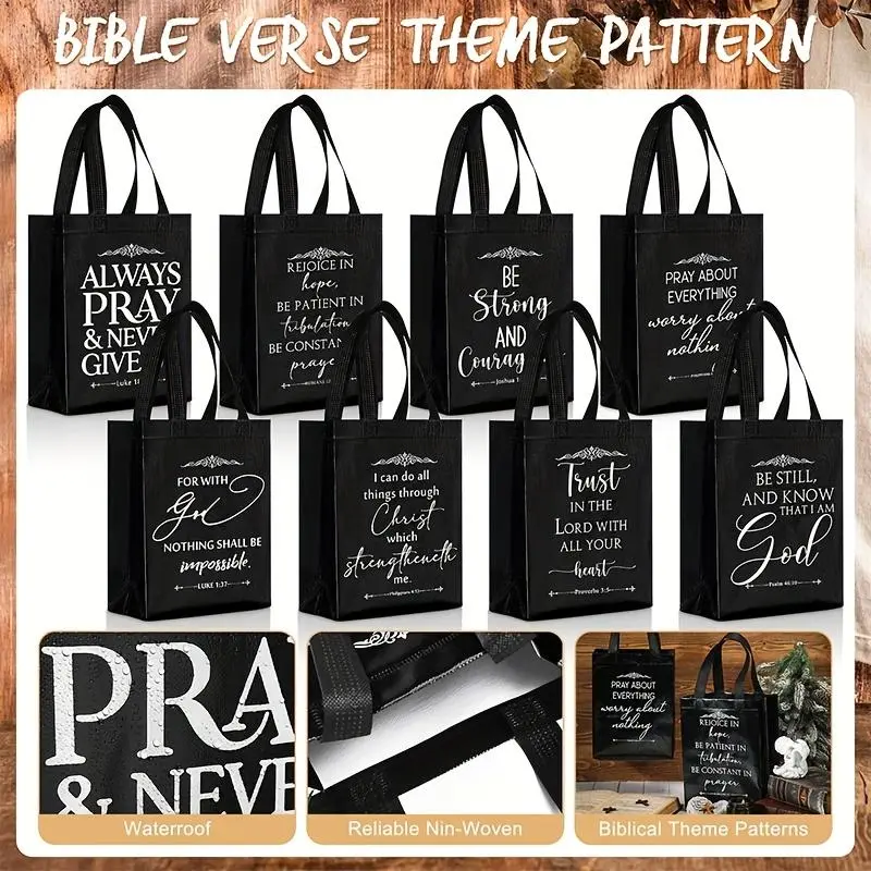 Reusable bulk bags with handles, medium size, featuring Bible verses—religious gift bags for Father’s Day, welcoming church visitors, baptisms, weddings, and parties; souvenirs (black).