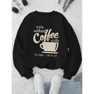 Coffee Print Sweatshirt, Long Sleeve Crew Neck Casual for Women, Cute Graphic Printed Hoodie Alternative, Trendy Streetwear Fashion Top for Spring & Fall Womenswear Crewneck
