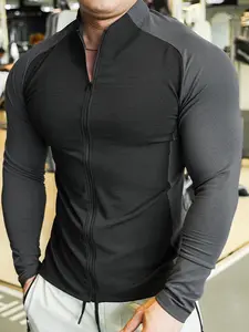 Men's Colorblock Zip Up Half Placket Thumb Hole Design Sports Tee, Athletic Workout Clothing, Athletic Apparel, Regular Fit Casual Long Sleeve T-shirt for Gym Workout, Men's Top for Spring & Fall, Casual Sportswear