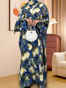 [Includes Hijab]Women's Art Print Batwing Sleeve Long Robe Cardigan Set, Loose-Fitting Vacation Style with Pockets,