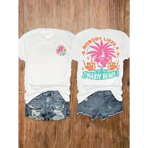 Womens Summer Graphic Tee Funny Beach Skull Palm Tree Print Short Sleeve Crewneck Loose Fit Soft Cotton Casual Top For Vacation Travel Weekend Outfit