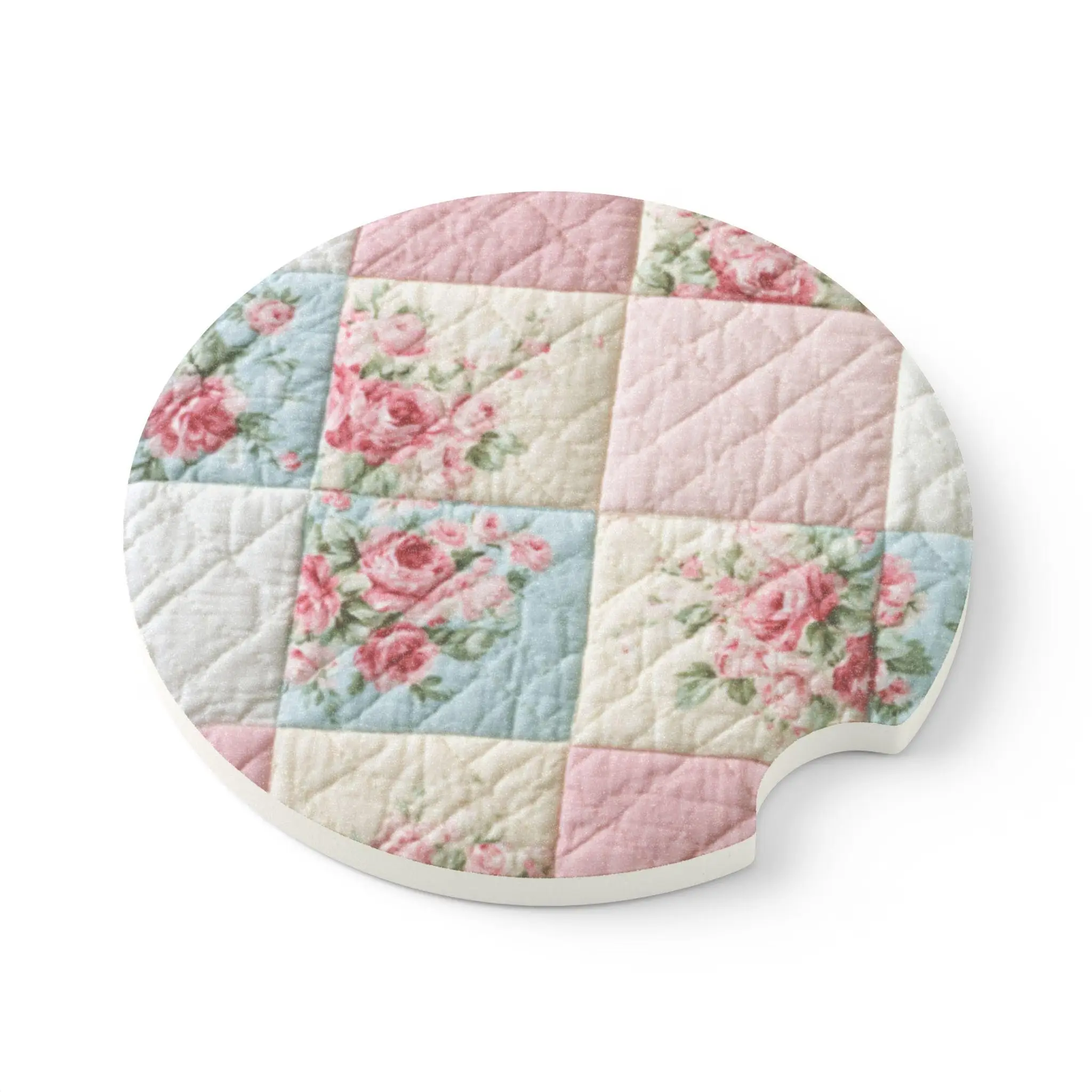 Vintage Floral Patchwork Quilt Soapstone Car Coaster Quilted Pink Rose Pattern Gift Set