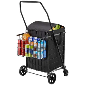 VEVOR Shopping Cart, Folding Grocery Utility Cart with Dual Baskets, Waterproof Liner & Wheels, 100 LBS Large Load Capacity, Heavy Duty Laundry Basket for Laundry, Shopping, Camping, Grocery, Luggage