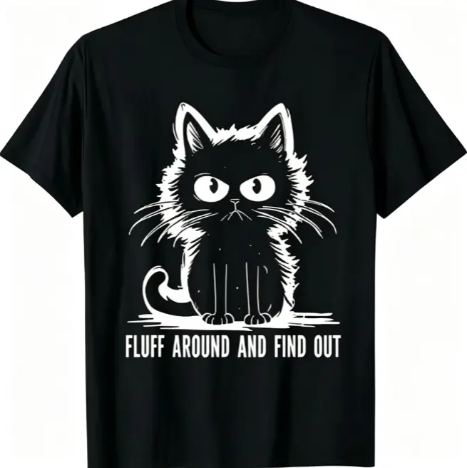 Vintage Grumpy Black Cat Simple Line Art Graphic T-Shirt, Unisex Funny Pet Casual Tee, 100% Cotton Printed Craft summervibes Casual Top, Relaxed Soft Breathable unisex summer clothing summer outfits unisex