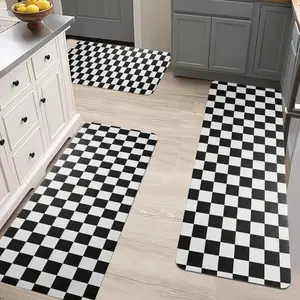 3 Piece Checkered Kitchen Runner Rug Set Soft Flannel Non Slip Indoor Floor Carpet Doormat for Laundry Bathroom Living Room Easy Clean Minimalist Print checkerboard mat room hallway simple design cozy non-slip
