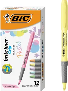 BIC Brite Liner Grip Pastel Highlighter Set, Chisel Tip, 12-Count Pack of Pastel Highlighters in Assorted Colors, Cute Highlighters for Bullet Journaling, Note Taking and More