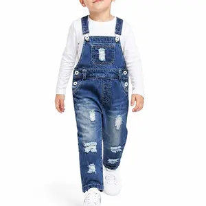 Toddler Boys Denim Overalls, Stretchy Distressed Bib Jean Pants with Adjustable Straps, 12M-5T
