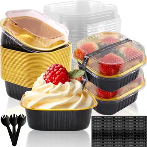 10oz Mini Cake Pans With Lids 50 Pack Aluminum Foil Square Brownie Baking Cups,Disposable Loaf Pans With Lids and Spoons Stickers,Large Cupcake Pans Muffin Tins Cake Container