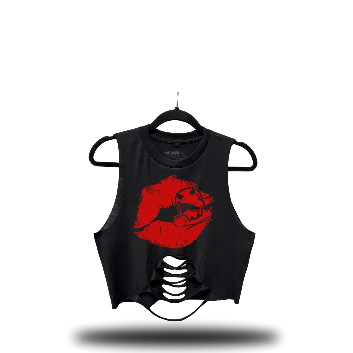DEVIL DOLL LIPS ROAD RASH MID SPINE CROP TOP