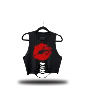 DEVIL DOLL LIPS ROAD RASH MID SPINE CROP TOP