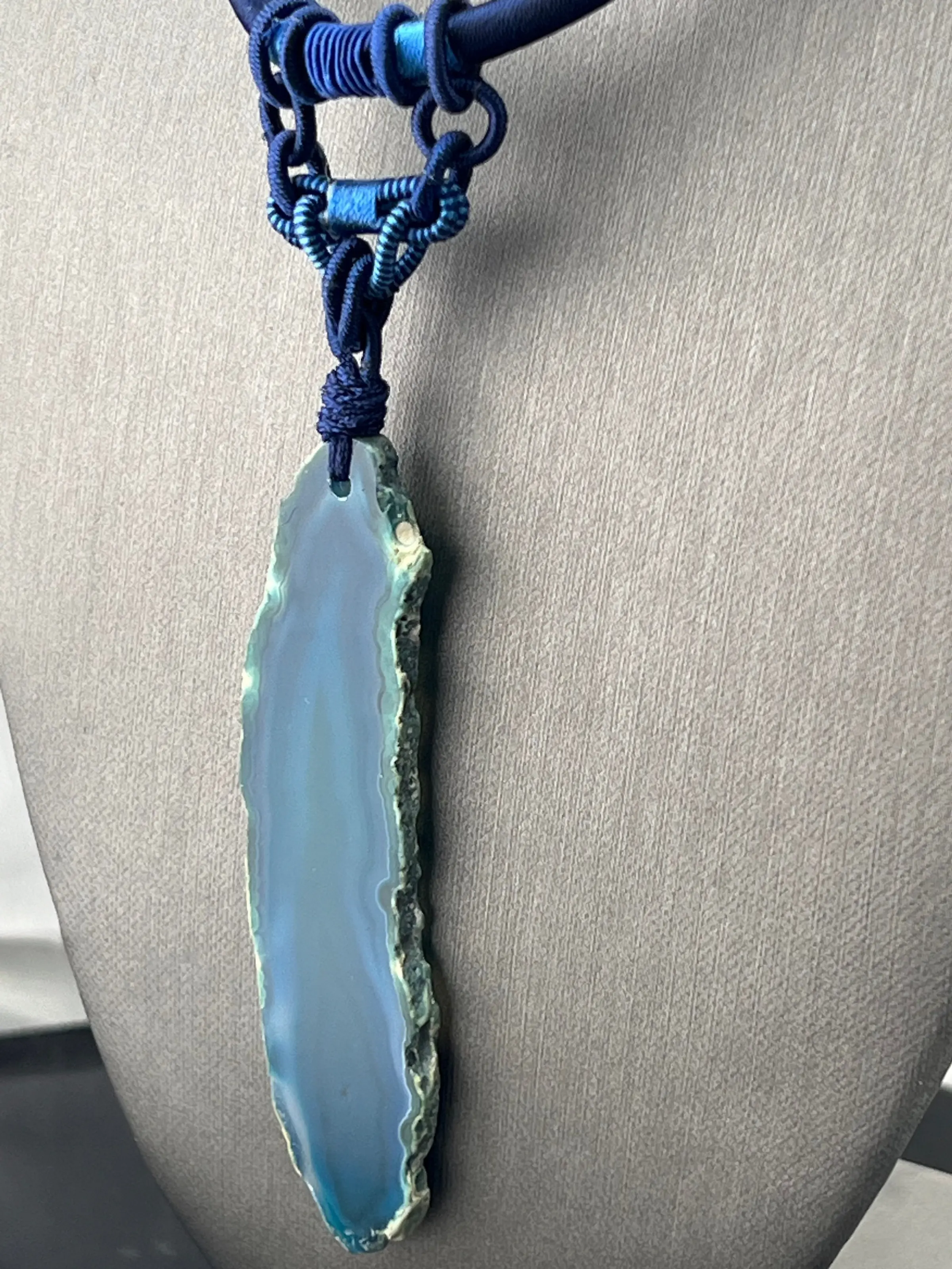 Blue Agate Slice Necklace • Silk Cord Geode Pendant • Raw Crystal Statement Jewelry