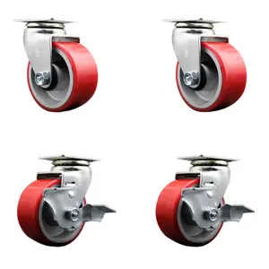 Service Caster SCC-20S420-PUB-RS-2-TLB-2 Swivel Top Plate Caster Set, Red - 4 in. by 2 in. Polyurethane on Cast Iron Wheel Ball Bearing