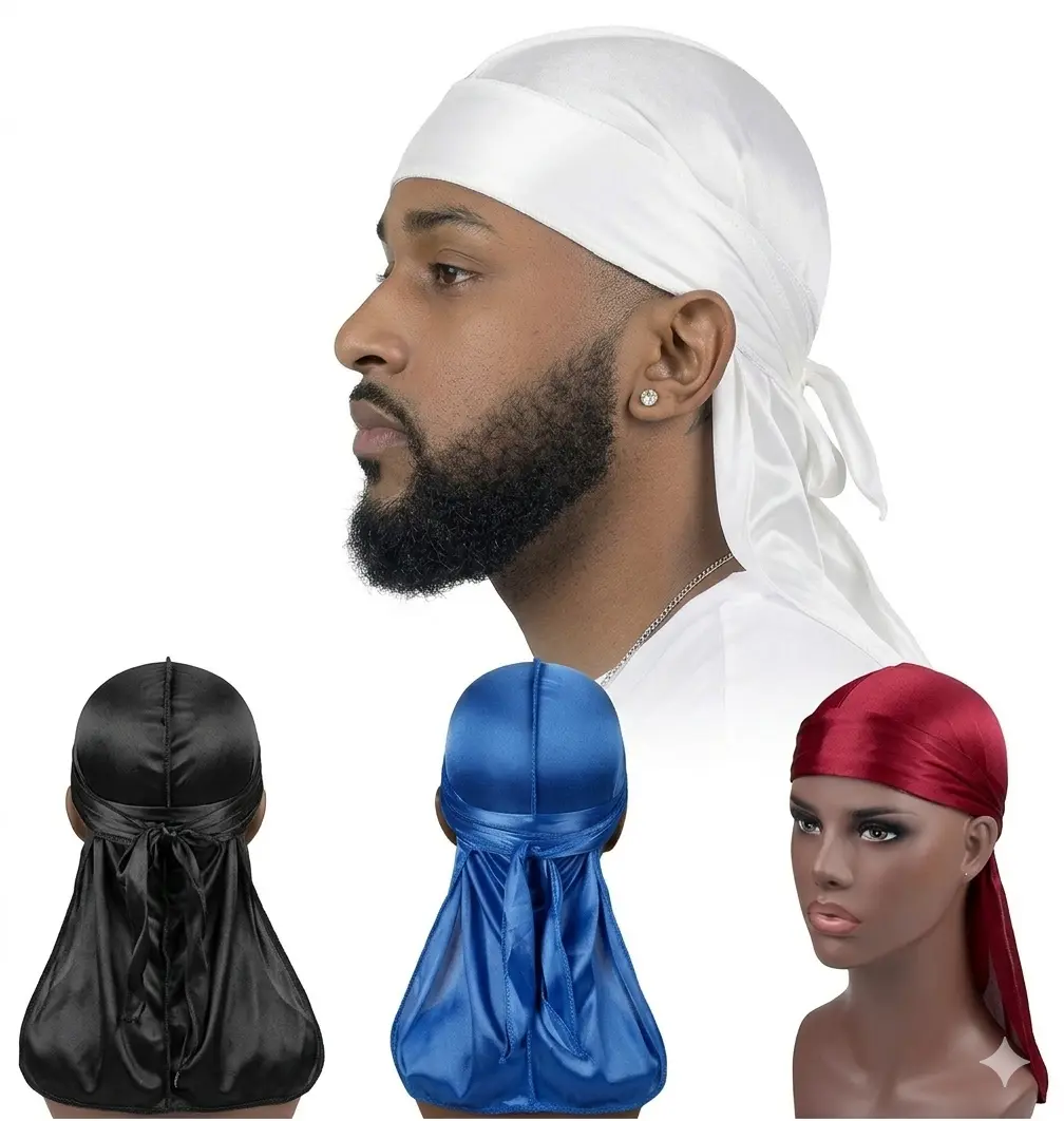 Premium Silky Durag for Men - Extra Long Tail & Wide Straps for 360 Waves, Soft Satin Compression Cap, Classic Streetwear Headwear & Night Sleep Cap
