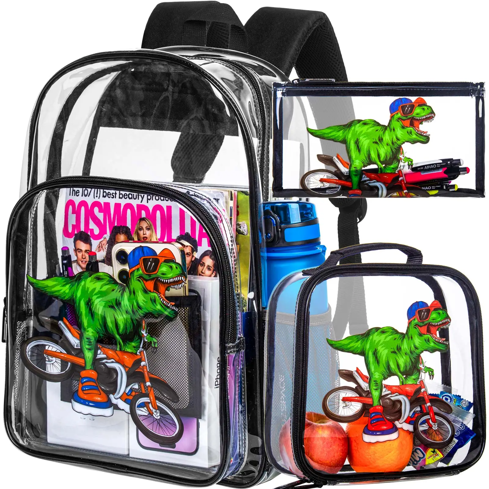 3PCS Clear Backpack for Boys, Kids Transparent Bookbag Stadium Approved, See Through School Bag for Elementary Preschool - Dinosaur