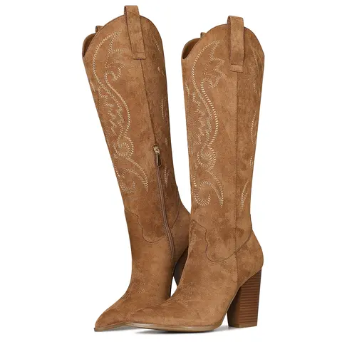 Womens Cowboy Knee High Boots Cowgirl Boots Western Boots with Embroidered Pointed Toe Chunky Heel Slip on Retro Tall Boots