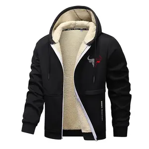 Men's Thick Fleece Printed Hoodie - Long Sleeve Zipper Cardigan, Casual Comfy Warm Lamb Plush Tops, Menswear Casual Fitted Jackets, Waterproof Sportswear