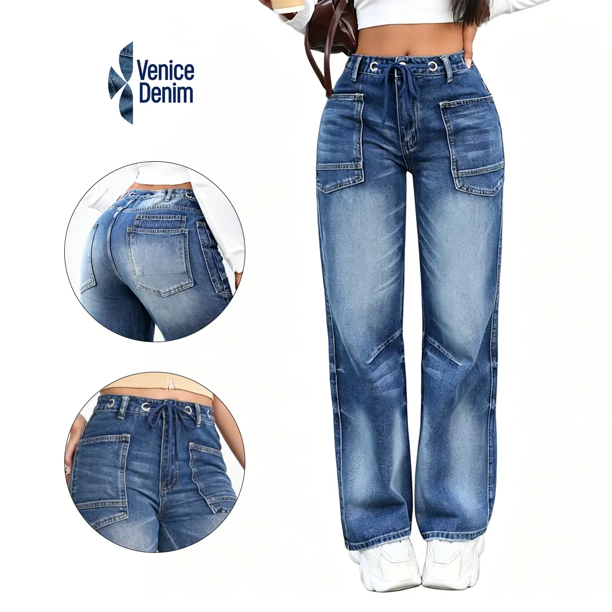 High Waist Drawstring Denim Wide Leg Jeans for Women - High Rise Washed Tummy Control, Baggy Loose Fit Pants, Apron Belly Friendly, Cotton Smooth Fabric, Casual Streetwear Basic Trousers for All Seasons, Straight Leg Jean Adjustable Womenswear baggy jeans