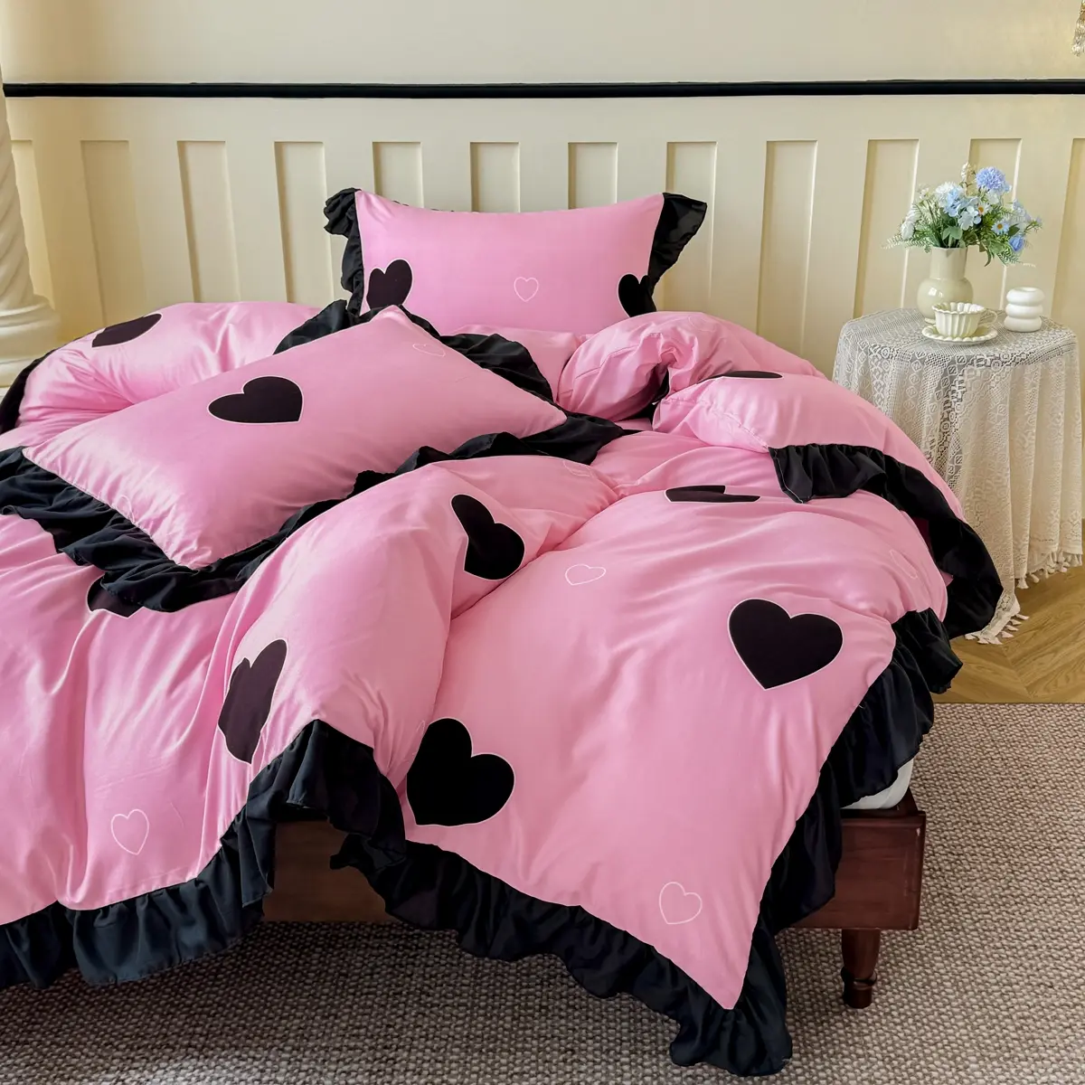 Romantic Down Comforter Set, Duvet Cover Set, Heart Print, Lace Trim, Soft Polyester Fiber, All Seasons Bedding, Printed Bedding Set, Comfy Bedding Sets, Bedroom & Dorm Use, Modern Bedding Set