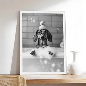 Dachshund Bath _ Wiener in Bathtub Funny Dog,vintage, couple，Minimalist Neutral Poster Print, Aesthetic Wall Decor for Bedroom.