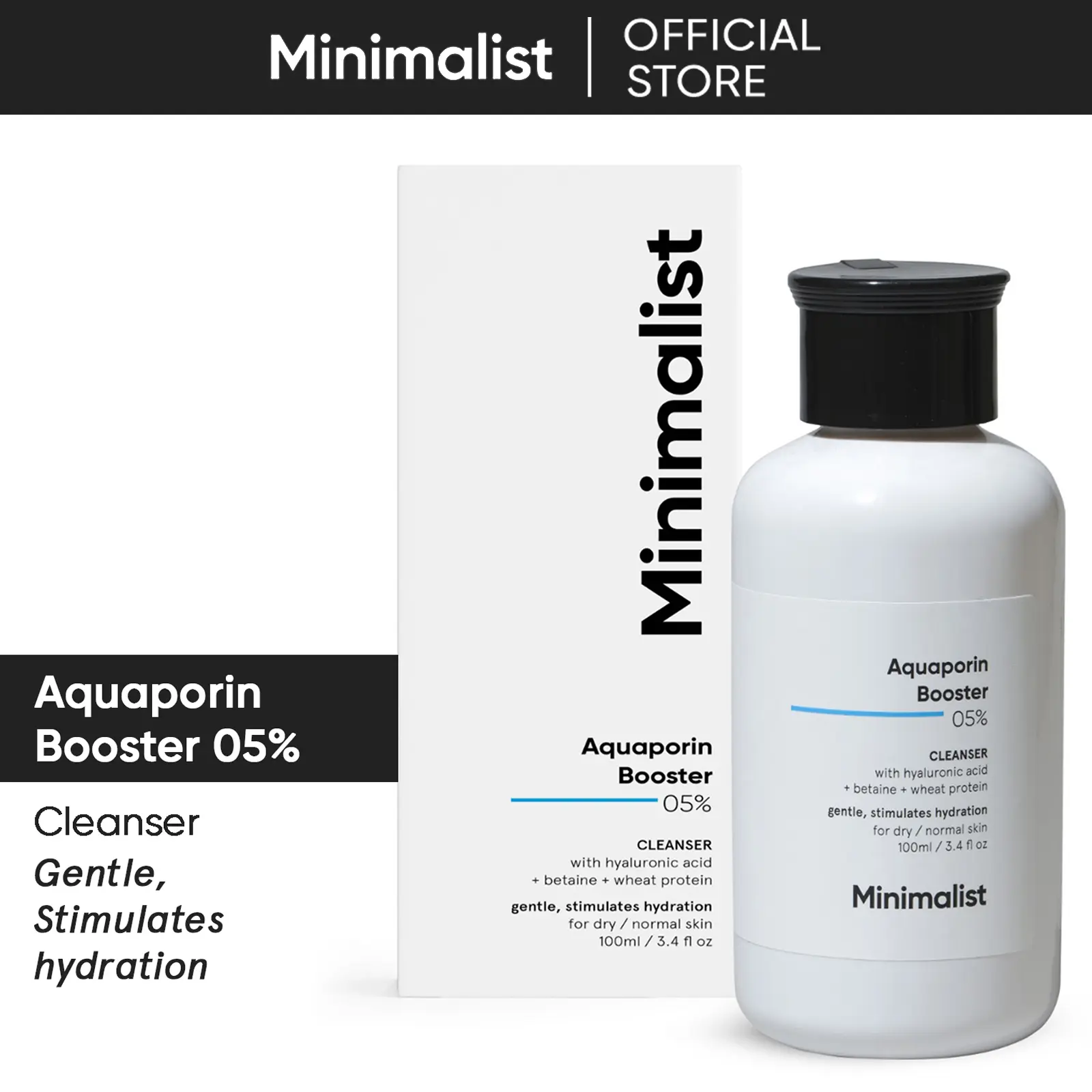 Minimalist 5% Aquaporin Booster Face Cleanser For Dry Skin | Gentle & Hydrating Cleanser With Hyaluronic Acid | Women & Men | 3.4 Fl Oz/ 100 ml