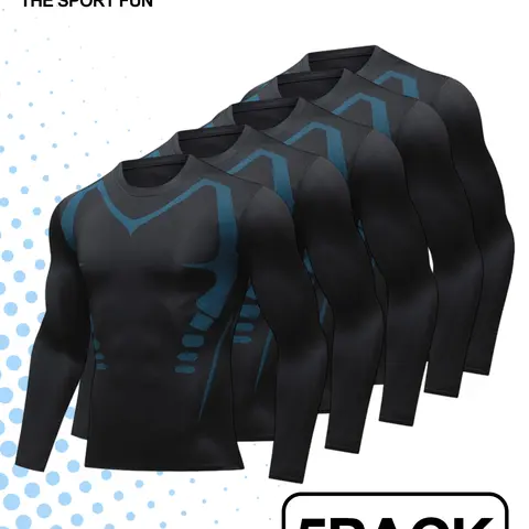 Men's 5-Pack Fitted Long Sleeve Compression Shirts - Dry Fit, Moisture Wicking Training Tops, Gymwear Exercise Clothing for Gym Fitness, Stretch Activewear