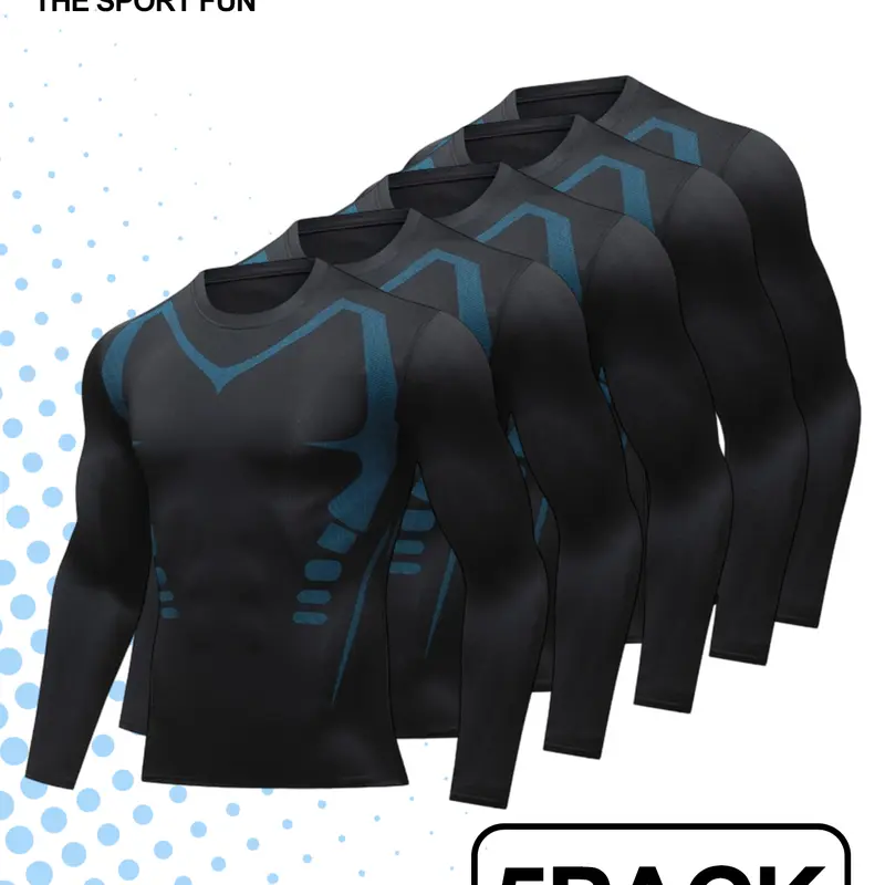 Men's 5-Pack Fitted Long Sleeve Compression Shirts - Dry Fit, Moisture Wicking Training Tops, Gymwear Exercise Clothing for Gym Fitness, Stretch Activewear