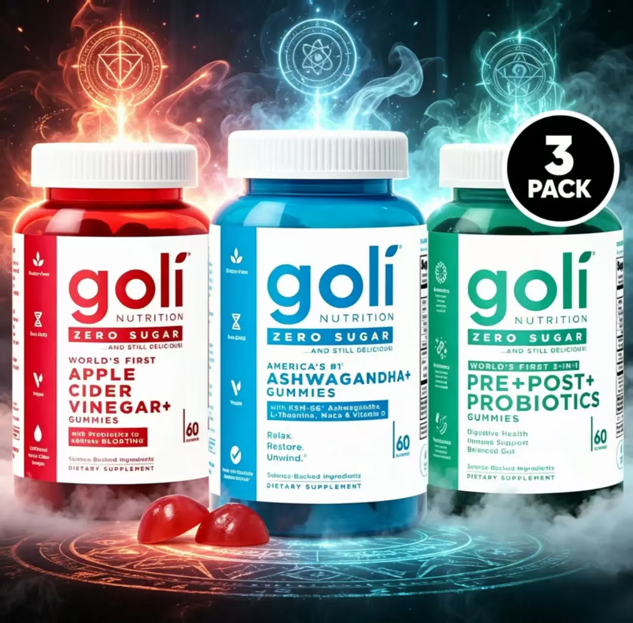 Goli Nutrition Zero Sugar 3 Pack Gummies Bundle | Apple Cider Vinegar, Ashwagandha, Pre+Post Probiotics, Gut Digestion