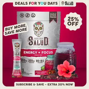 Salud 2-in-1 [Energy + Focus – Jamaica | Hibiscus] Clean Energy Drink Mix, Agua Fresca, Organic Caffeine, B6 & B12, L-Theanine, Drink Packets, Non-GMO, Gluten Free, Vegan, Low Calorie, 1g Sugar (15 Servings)