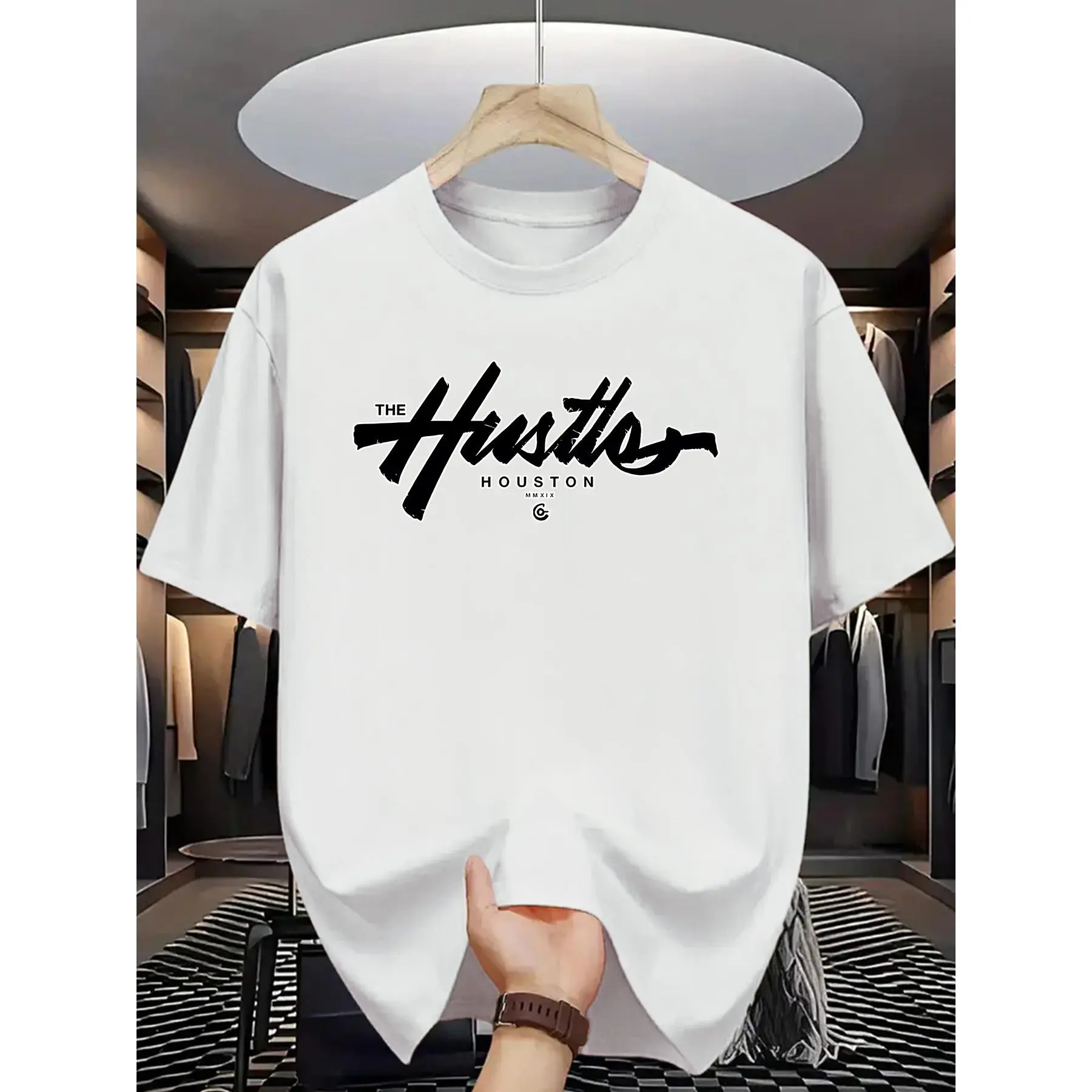 Men's Unisex Regular-Fit 100% Cotton-Stretch Polyester Short Sleeve T-Shirt - Classic Hustle Houston Graphics, Soft Tropical White Crewneck, Casual Summer Streetwear Sports Top, Menswear