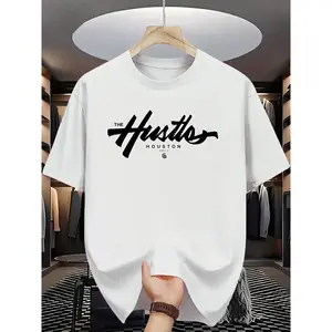 Men's Hustle Houston Graphic Print T-shirt, Casual Crew Neck Short Sleeve Tee, Stretch Polyester Summer Streetwear Top, Regular Fit Menswear for Daily Wear Cotton Unisex Classic Love Sweatshirt Fabric Crewneck Soft Shortsleeve Tropical White