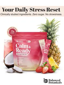 Balanced Botanicals Calm and Ready Powder Drink Mix, with Magnesium Glycinate, Ashwagandha KSM 66, L Theanine, and Tart Cherry, Relaxation Support Supplement